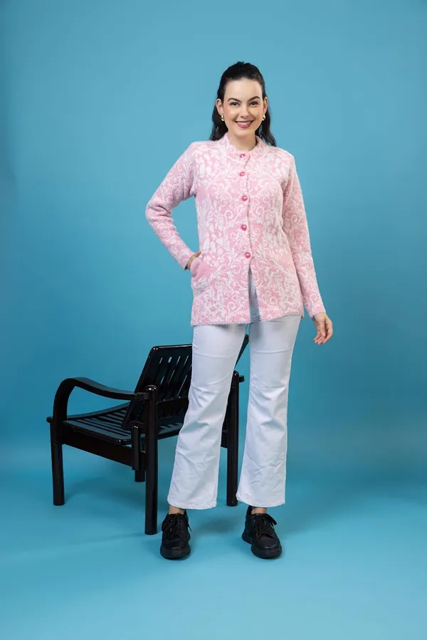 Pink_Women_Woolen_Round_Neck_Self_Design_Cardigan_Heavy_Hair_Fabric_Winter_Wear_Pure_Wool_Long_Cotty_Fully_Warm_Cardigan_Sweater
