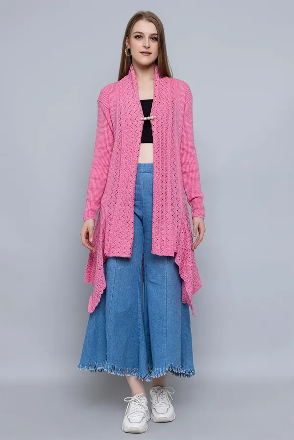 Pink_Women_Ladies_Girls_Winter_Latest_Colors_Woolen_V-Neck_Open_Front_Hem_Long_Sleeves_Shrug_Cardigan_Sweater