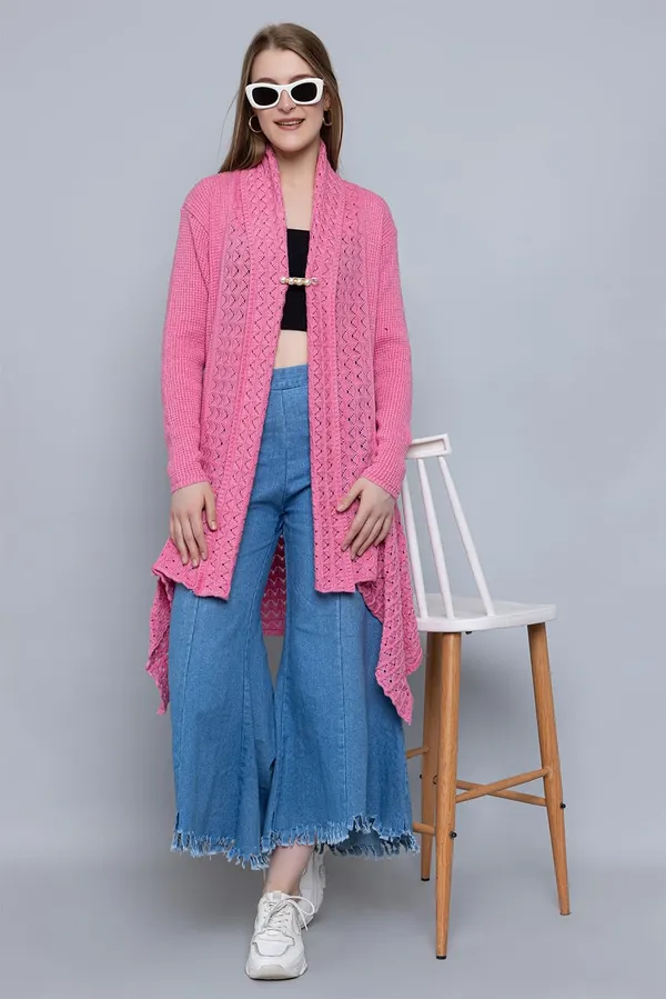 Pink_Women_Ladies_Girls_Winter_Latest_Colors_Woolen_V-Neck_Open_Front_Hem_Long_Sleeves_Shrug_Cardigan_Sweater