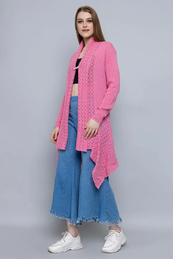 Pink_Women_Ladies_Girls_Winter_Latest_Colors_Woolen_V-Neck_Open_Front_Hem_Long_Sleeves_Shrug_Cardigan_Sweater