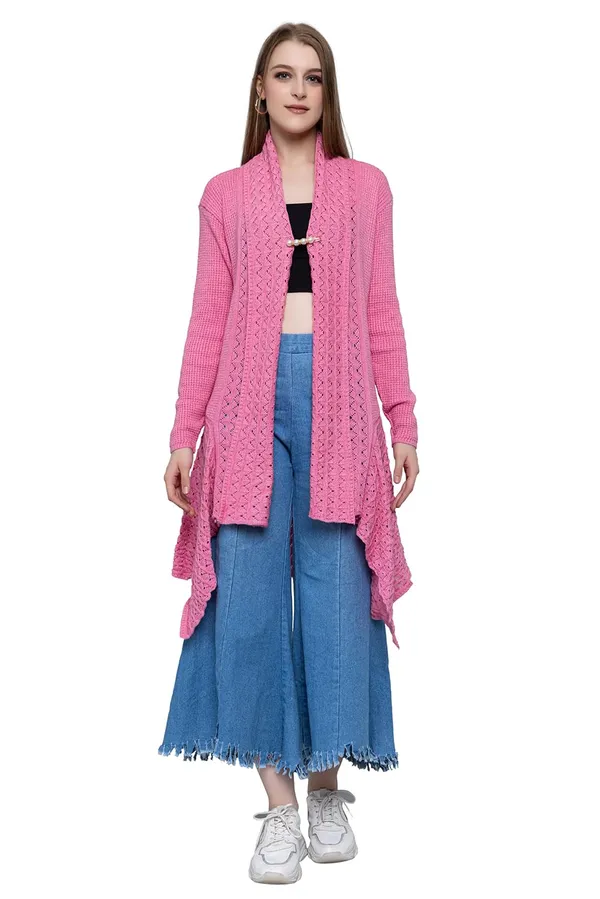 Pink_Women_Ladies_Girls_Winter_Latest_Colors_Woolen_V-Neck_Open_Front_Hem_Long_Sleeves_Shrug_Cardigan_Sweater