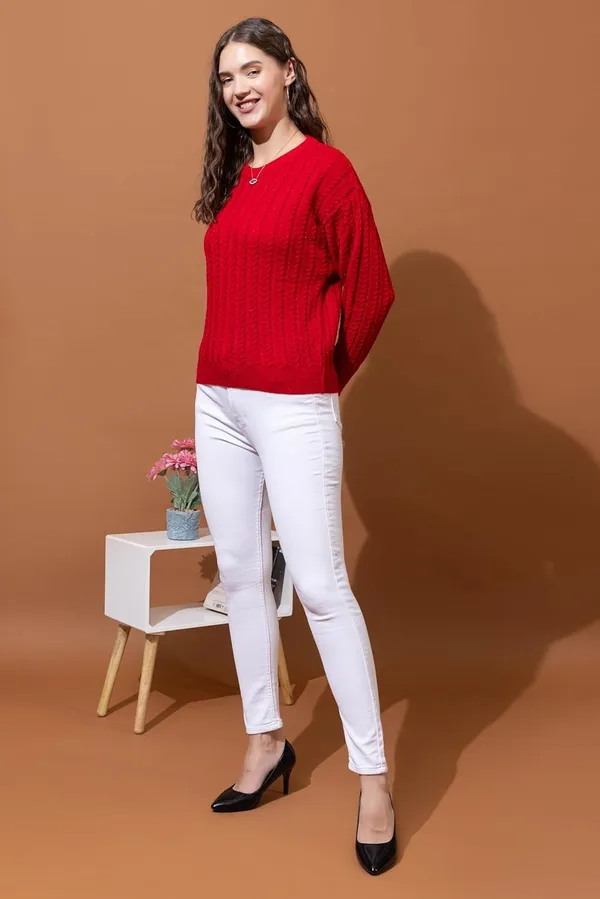 Red_Women_Full_Sleeves_Round_Neck_Cable_Design_Pullover_Sweater_Pure_Woolen_Winter_Wear