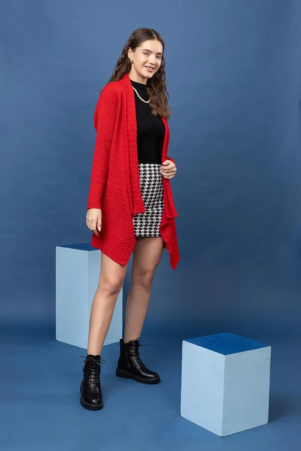 Red_Women_&_Girls_Winter_Woolen_V-Neck_Open_Front_Longline_Shrug_Cardigan_Sweater