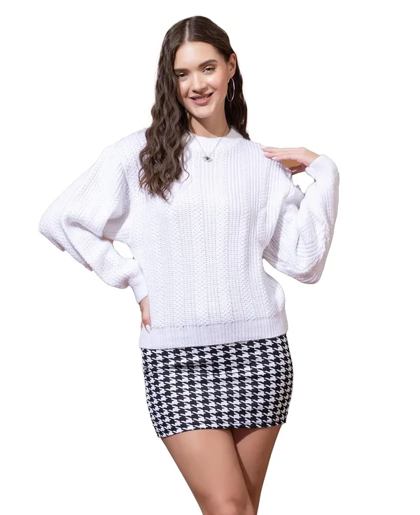 White_Women's_Pullover_Sweater_100%_Wool_Round_Neck