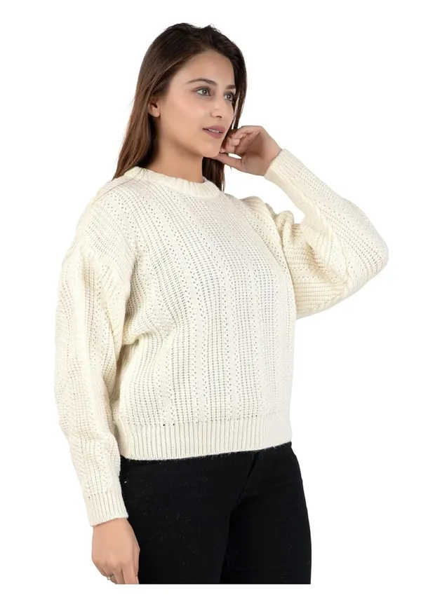 White_Women_100%_Wool_Pullover_Sweater_Regular_Fit_For_Winter_Wear