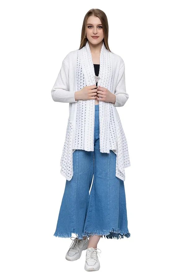 White_Women_Ladies_Girls_Winter_Latest_Colors_Woolen_V-Neck_Open_Front_Hem_Long_Sleeves_Shrug_Cardigan_Sweater