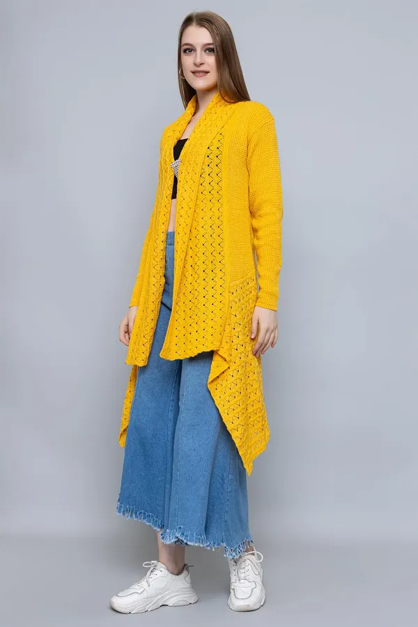 Yellow_Women_Ladies_Girls_Winter_Latest_Colors_Woolen_V-Neck_Open_Front_Hem_Long_Sleeves_Shrug_Cardigan_Sweater
