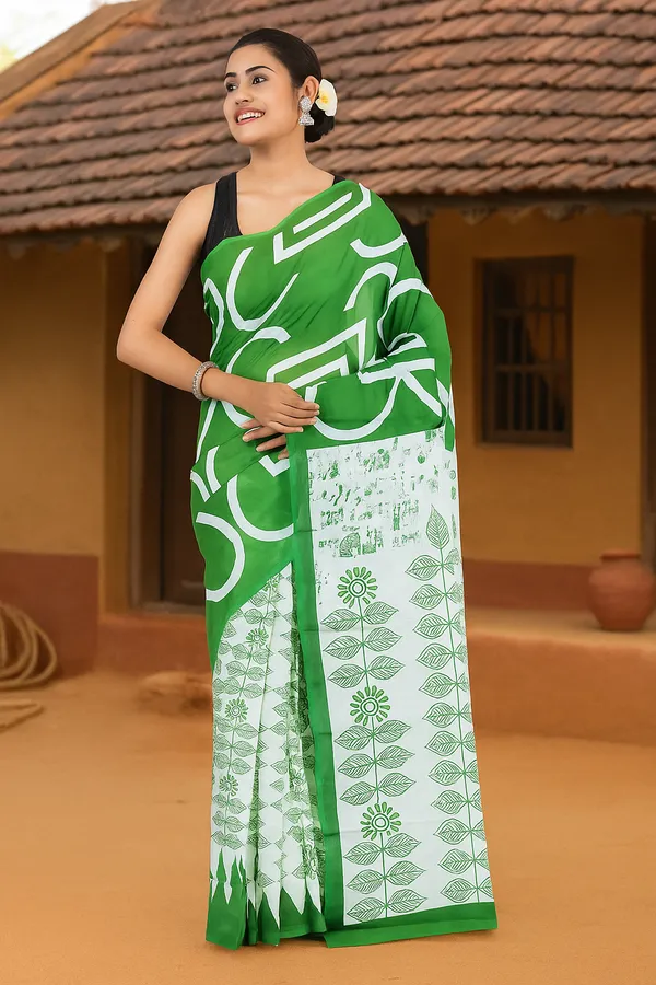 Printed_Forest_Green_Ancient_Civilizations_&_Flower_Design_Pure_Mulmul_Saree_With_Blouse