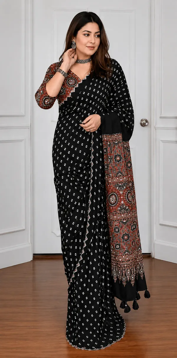 Black_Ajrakh_Ajrakh_Bandhej_With_Ajarakh_Pallu_Real_Mirror_Saree_For_Women