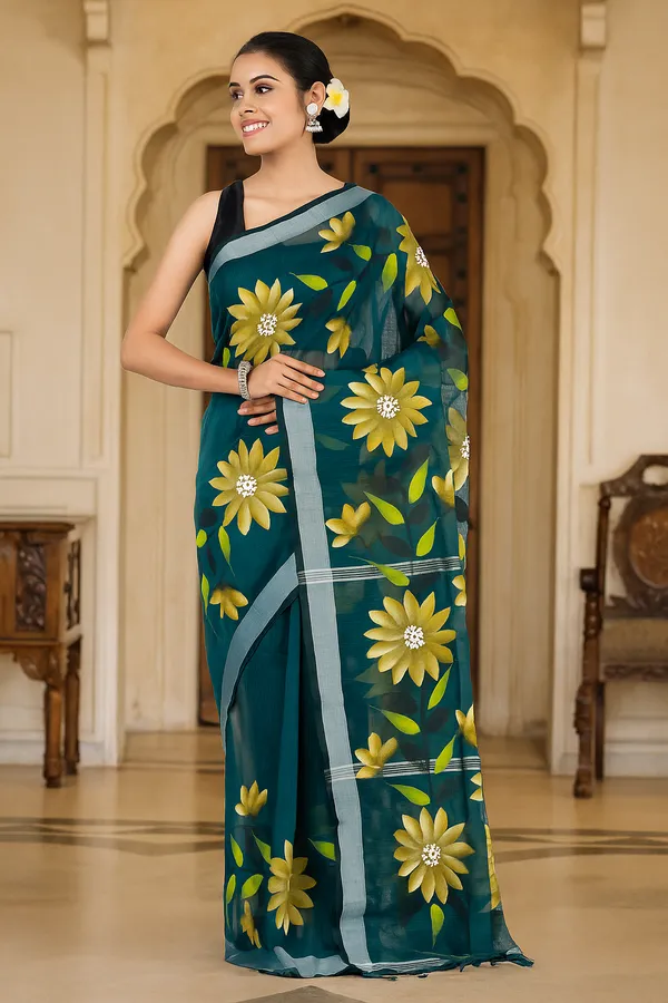 Printed_Dark_Green_Flower_Design_Cotton_Silk_Saree_With_Blouse