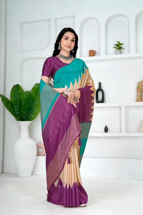 Soft_Tussar_Silk_sarees_with_Beautiful__Print_With_Attractive_Temple_Border_And_Contrast_Print_Blouse_With_Tassels_in_new_styles
