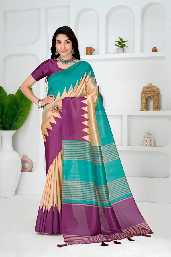 Soft_Tussar_Silk_sarees_with_Beautiful__Print_With_Attractive_Temple_Border_And_Contrast_Print_Blouse_With_Tassels_in_new_styles