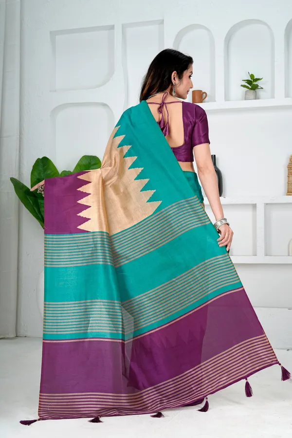 Soft_Tussar_Silk_sarees_with_Beautiful__Print_With_Attractive_Temple_Border_And_Contrast_Print_Blouse_With_Tassels_in_new_styles