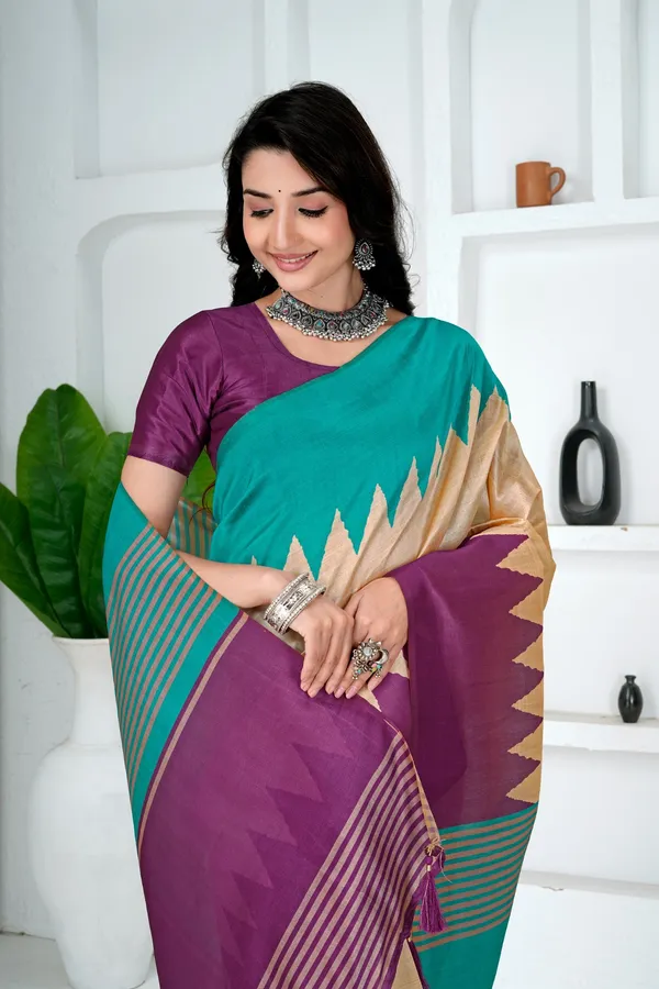Soft_Tussar_Silk_sarees_with_Beautiful__Print_With_Attractive_Temple_Border_And_Contrast_Print_Blouse_With_Tassels_in_new_styles