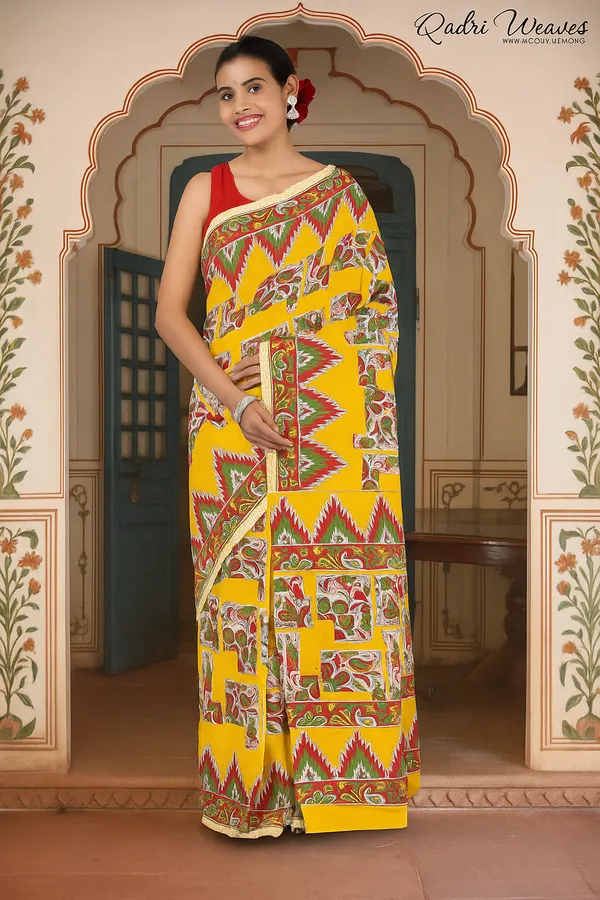 Printed_Yellow_Kalamkari_Design_Pure_Mulmul_Saree_With_Blouse