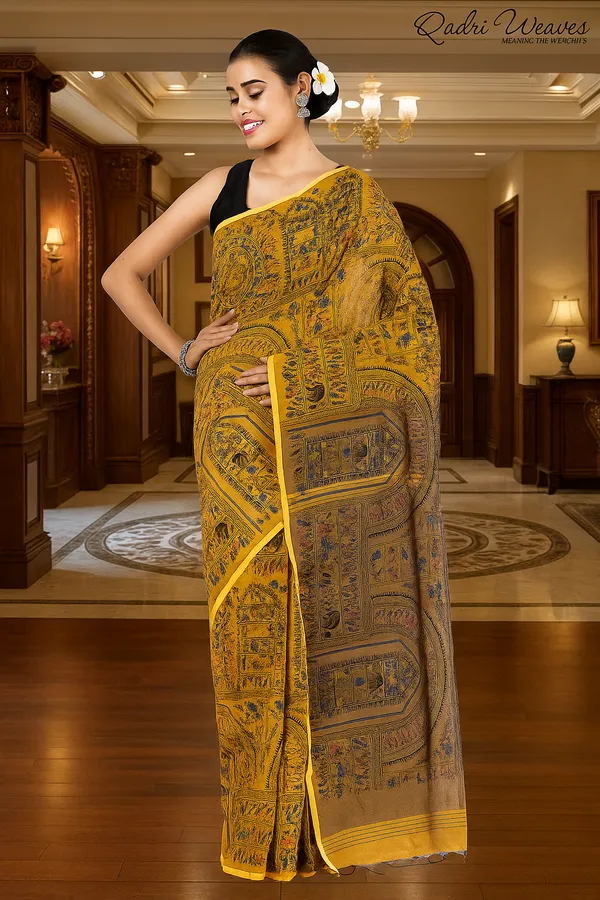 Mustard_Madhubani_Print_Cotton_Silk_Saree_With_Blouse