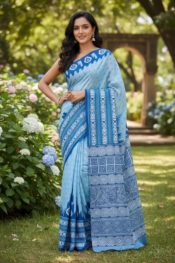 Printed_Blue_Ikat_Design_Pure_Mulmul_Saree_With_Blouse