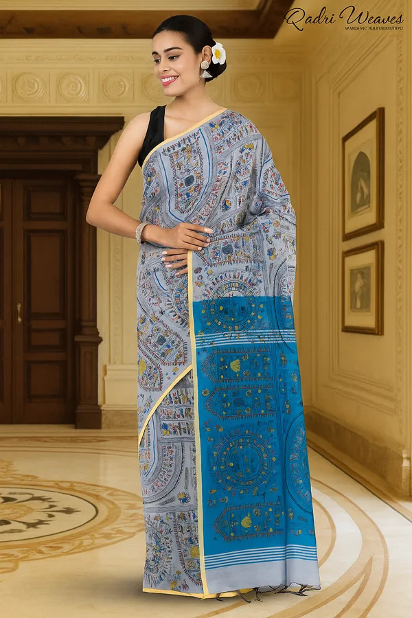 Cloud_Silver_&_Blue_Madhubani_Print_Cotton_Silk_Saree_With_Blouse
