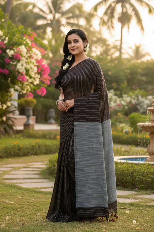 Coffee_&_Grey_Striped_Design_Khadi_Saree_With_Blouse