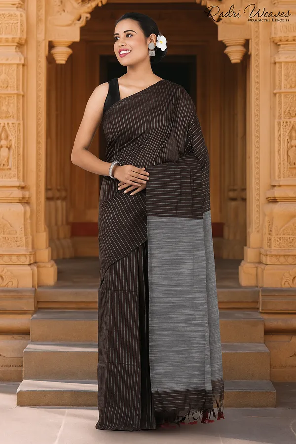 Coffee_&_Grey_Striped_Design_Khadi_Saree_With_Blouse