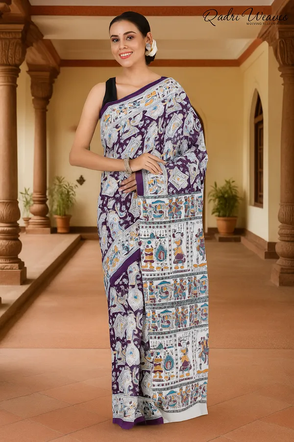 Printed_Purple_Indian_Procession_Design_Pure_Mulmul_Saree_With_Blouse