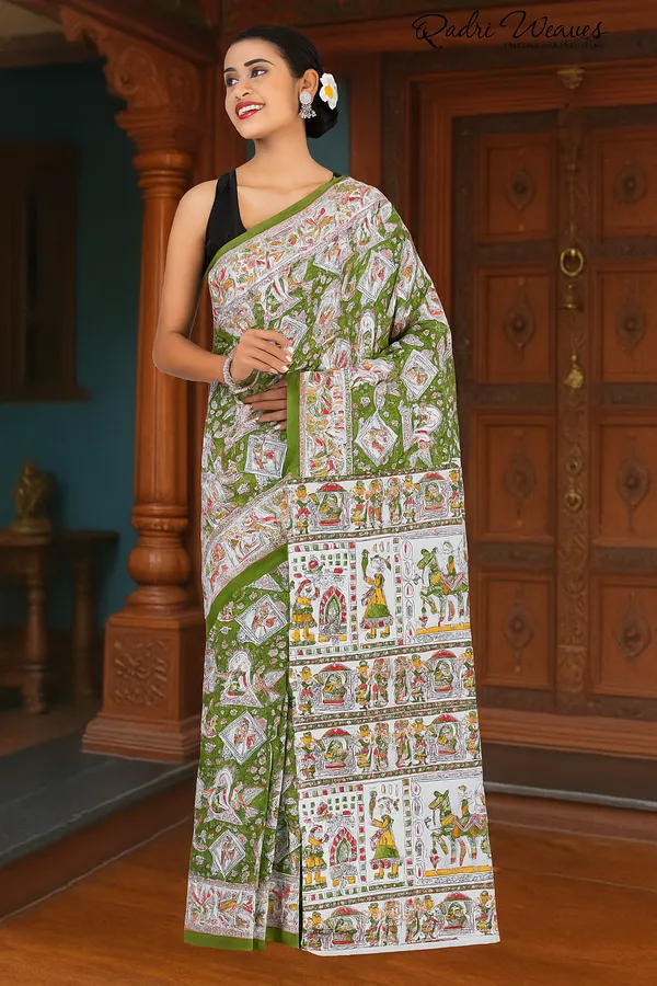 Printed_Sheen_Green_Indian_Procession_Design_Pure_Mulmul_Saree_With_Blouse
