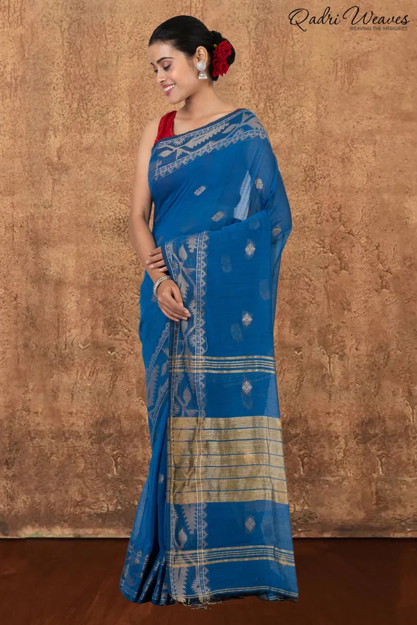 Azure_Blue_&_Silver_Korat_Linen_Saree_With_Blouse
