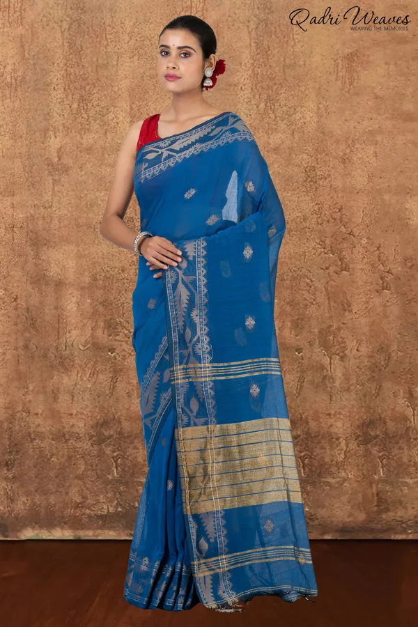 Azure_Blue_&_Silver_Korat_Linen_Saree_With_Blouse