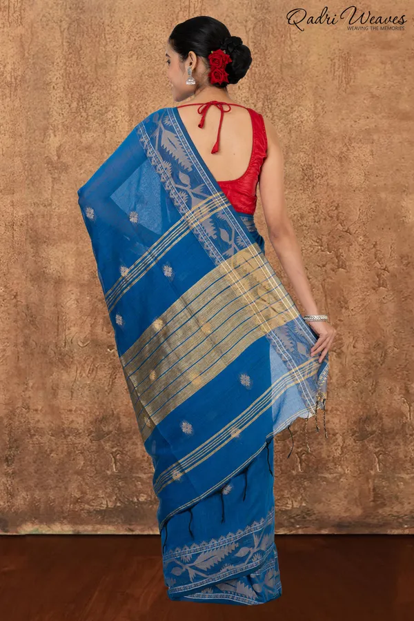 Azure_Blue_&_Silver_Korat_Linen_Saree_With_Blouse