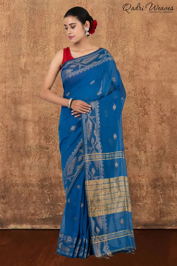 Azure_Blue_&_Silver_Korat_Linen_Saree_With_Blouse