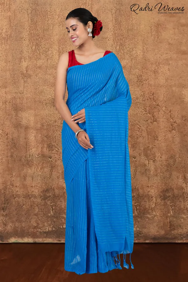 Azure_Blue_Striped_Khadi_Saree