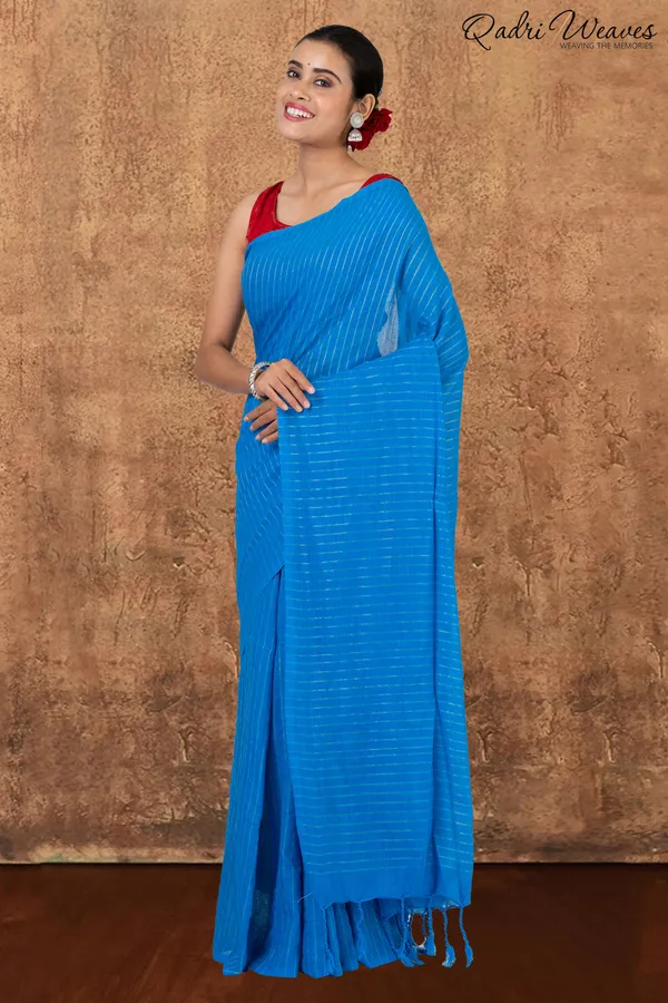 Azure_Blue_Striped_Khadi_Saree