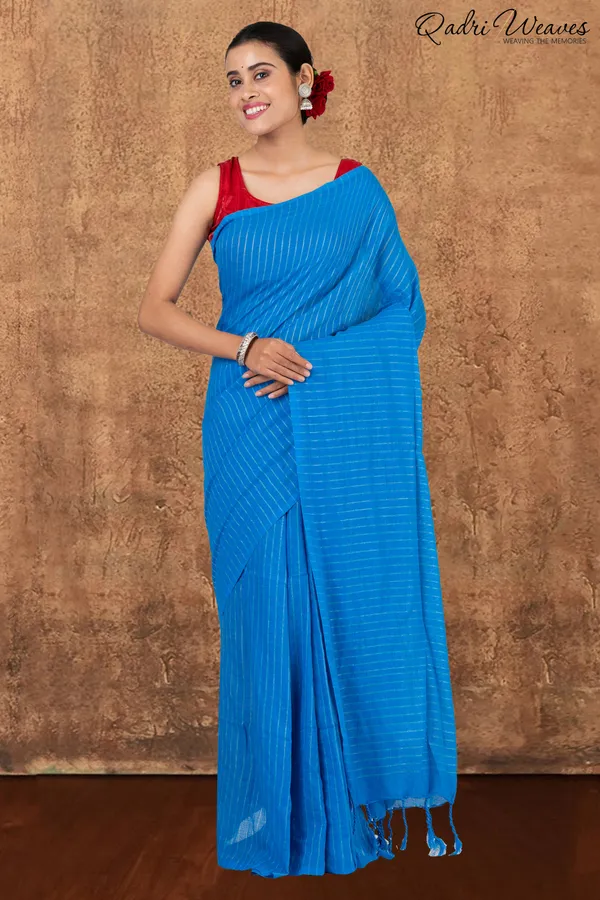 Azure_Blue_Striped_Khadi_Saree