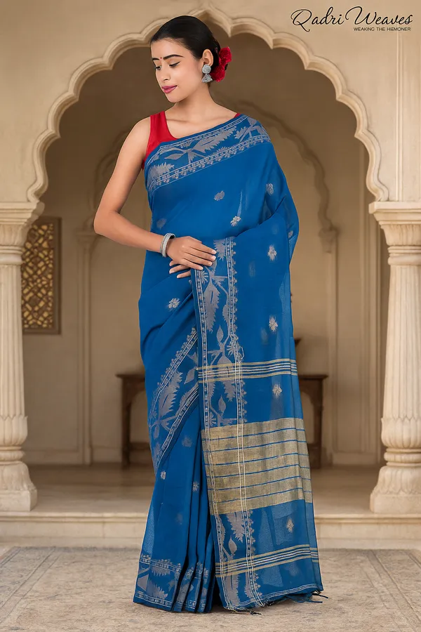 Azure_Blue_&_Silver_Korat_Linen_Saree_With_Blouse