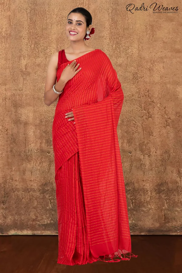Cherry_Red_Striped_Khadi_Saree