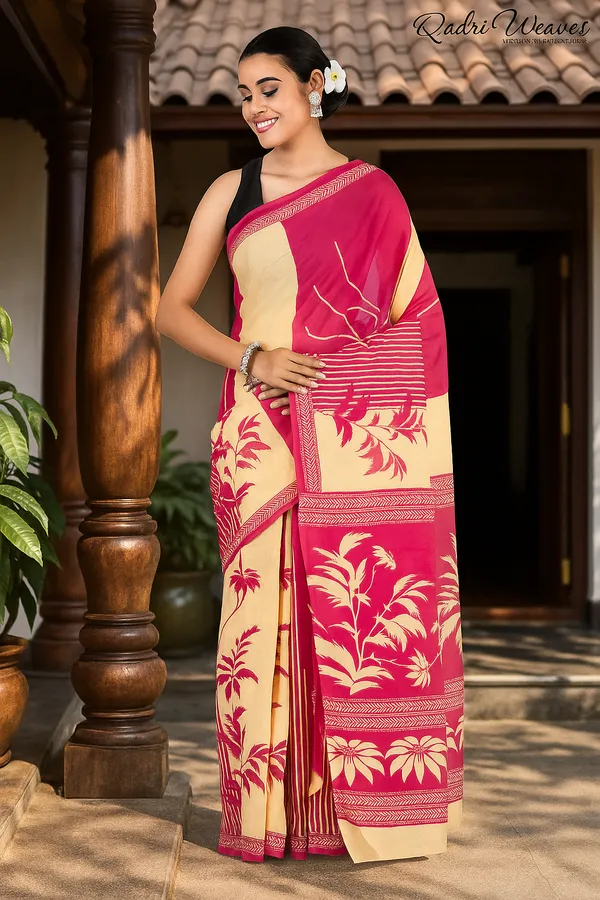Printed_Bright_Pink_Leaf_&_Flower_Design_Pure_Mulmul_Saree_With_Blouse