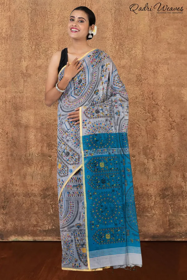 Cloud_Silver_&_Blue_Madhubani_Print_Cotton_Silk_Saree_With_Blouse