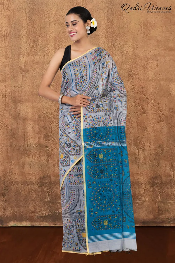 Cloud_Silver_&_Blue_Madhubani_Print_Cotton_Silk_Saree_With_Blouse