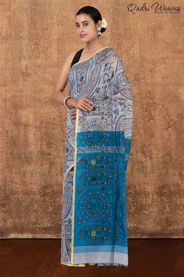 Cloud_Silver_&_Blue_Madhubani_Print_Cotton_Silk_Saree_With_Blouse