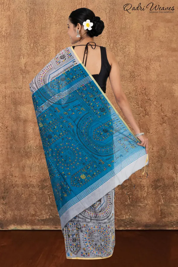 Cloud_Silver_&_Blue_Madhubani_Print_Cotton_Silk_Saree_With_Blouse