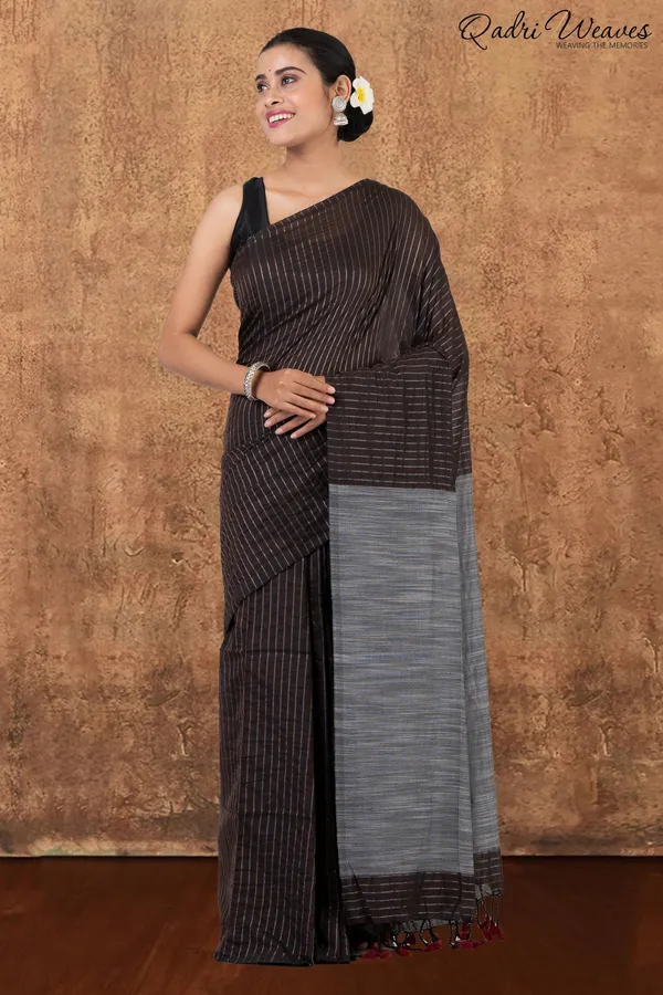 Coffee_&_Grey_Striped_Design_Khadi_Saree_With_Blouse