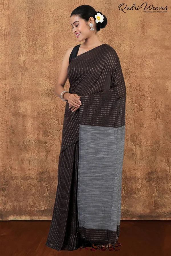 Coffee_&_Grey_Striped_Design_Khadi_Saree_With_Blouse