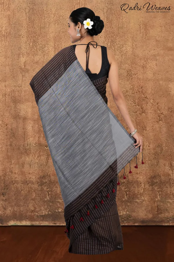 Coffee_&_Grey_Striped_Design_Khadi_Saree_With_Blouse