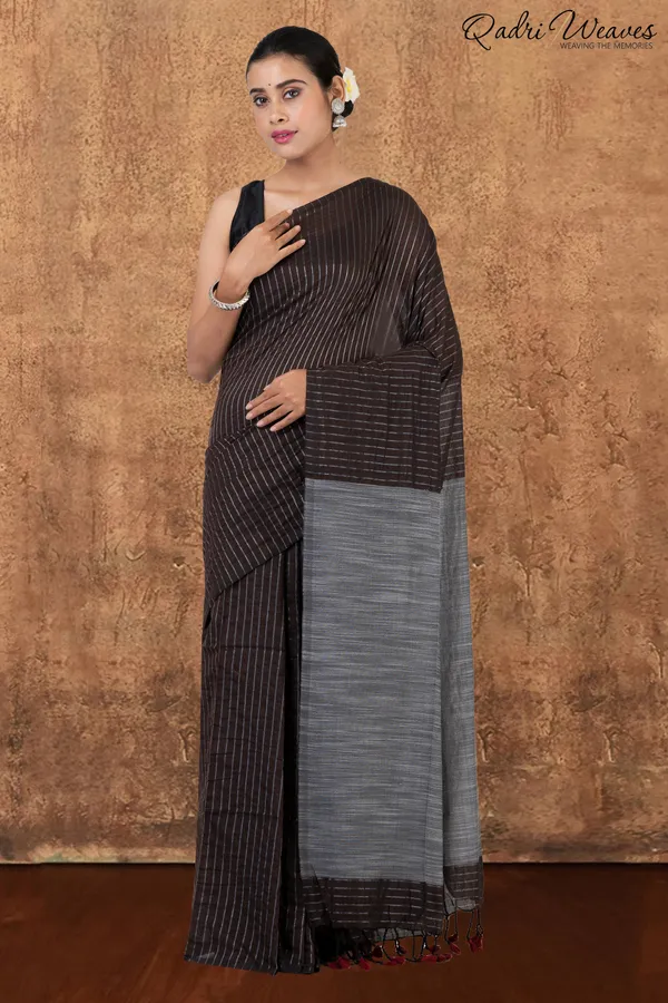 Coffee_&_Grey_Striped_Design_Khadi_Saree_With_Blouse