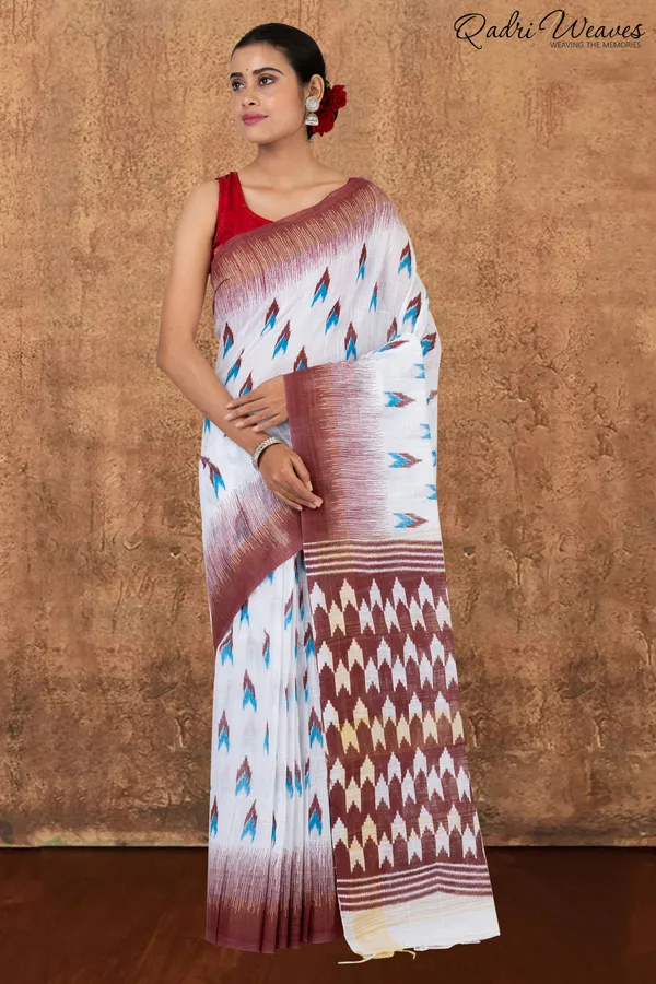 Coffee_&_White_Linen_Khadi_Saree_With_Blouse