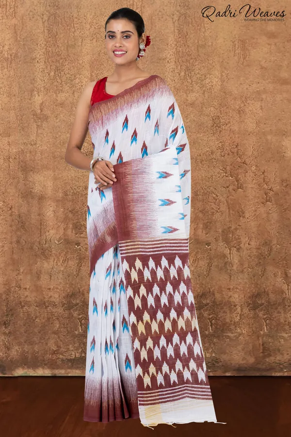 Coffee_&_White_Linen_Khadi_Saree_With_Blouse