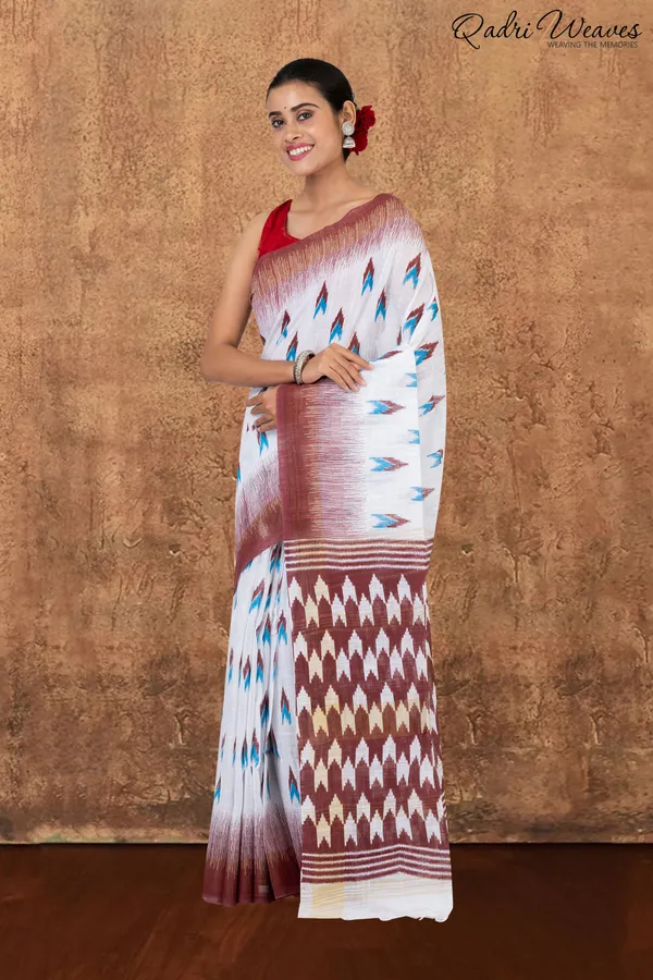 Coffee_&_White_Linen_Khadi_Saree_With_Blouse