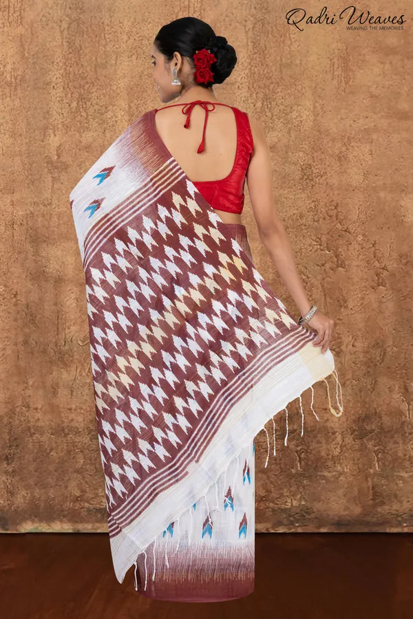 Coffee_&_White_Linen_Khadi_Saree_With_Blouse
