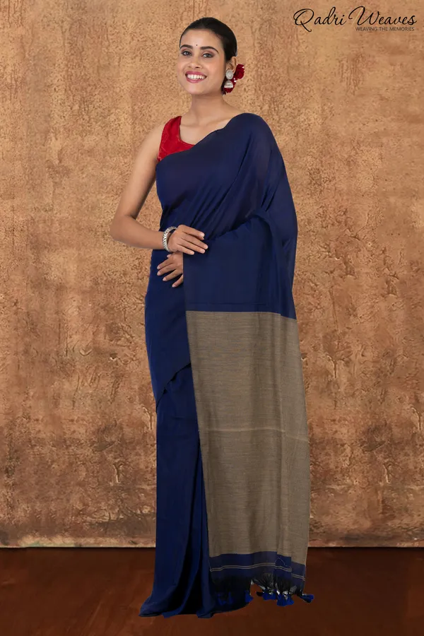 Denim_Blue_&_Grey_Pallu_Khadi_Saree_With_Blouse