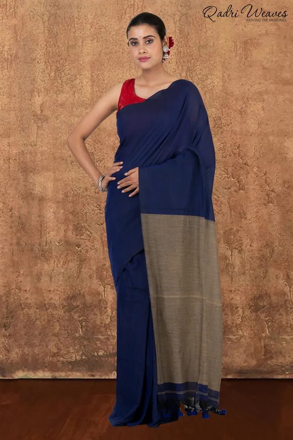 Denim_Blue_&_Grey_Pallu_Khadi_Saree_With_Blouse